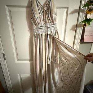 Elegant Cream Striped Maxi Dress